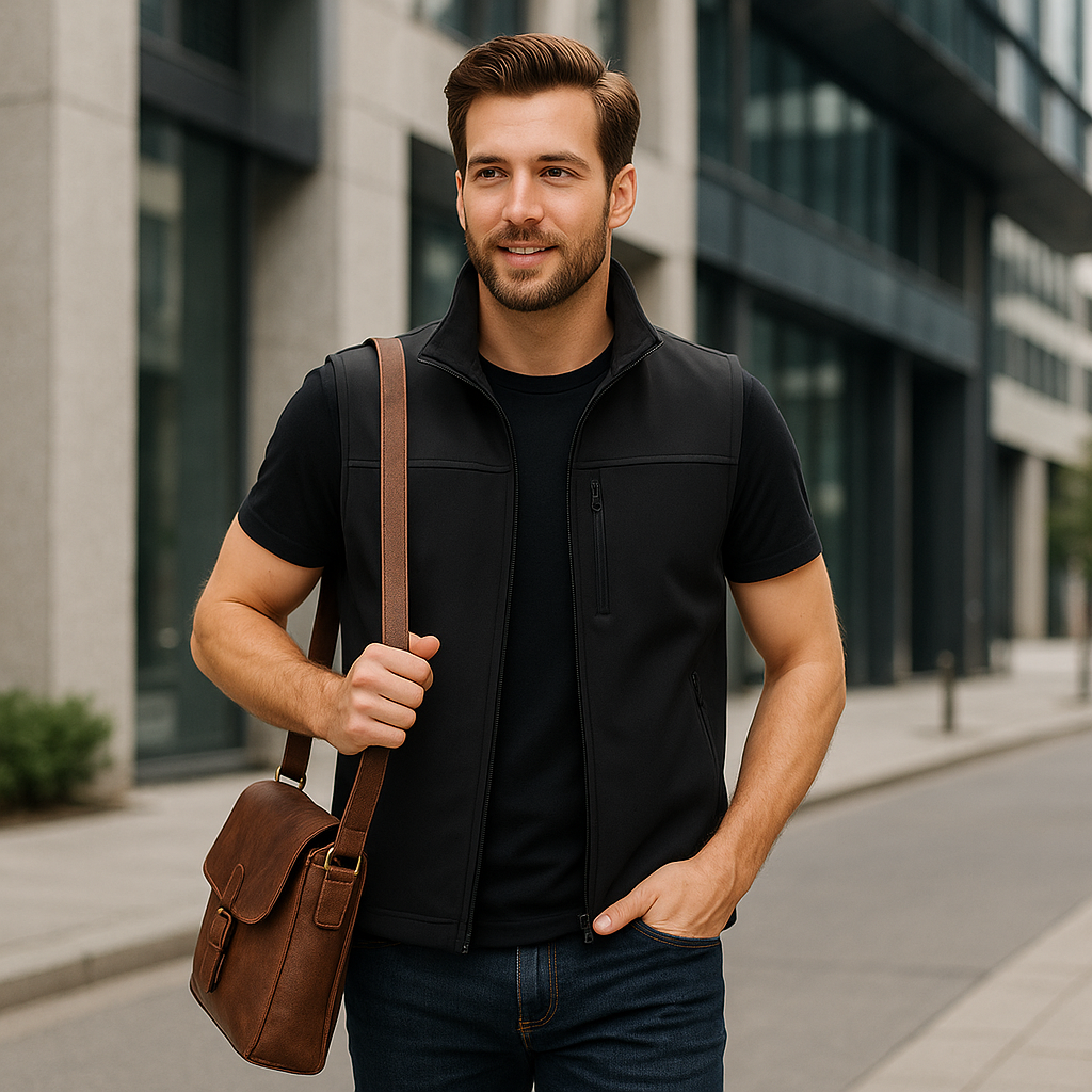 Hombre con chaleco negro de cuello alto en ambiente urbano
