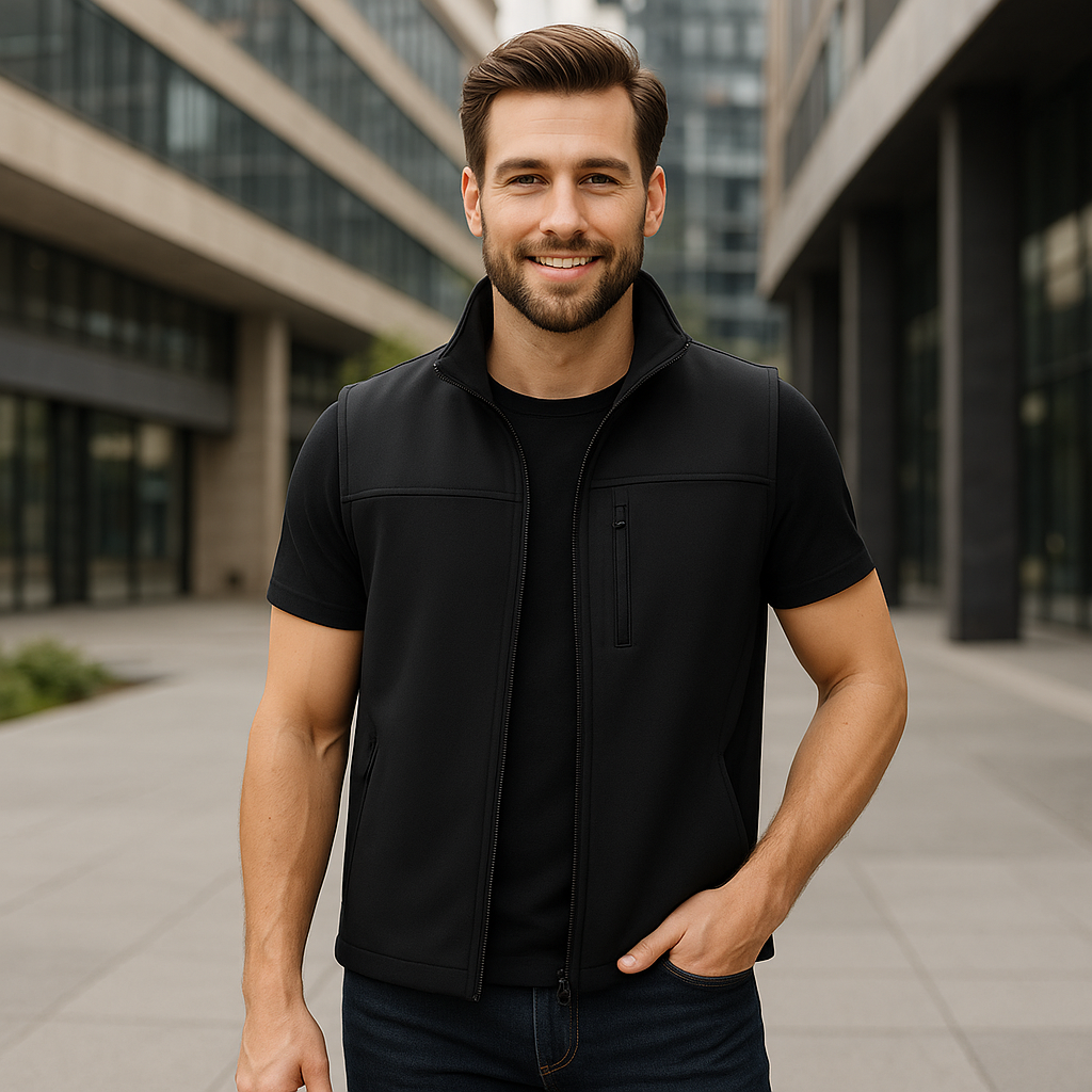 Hombre con chaleco negro usando bolsillo frontal