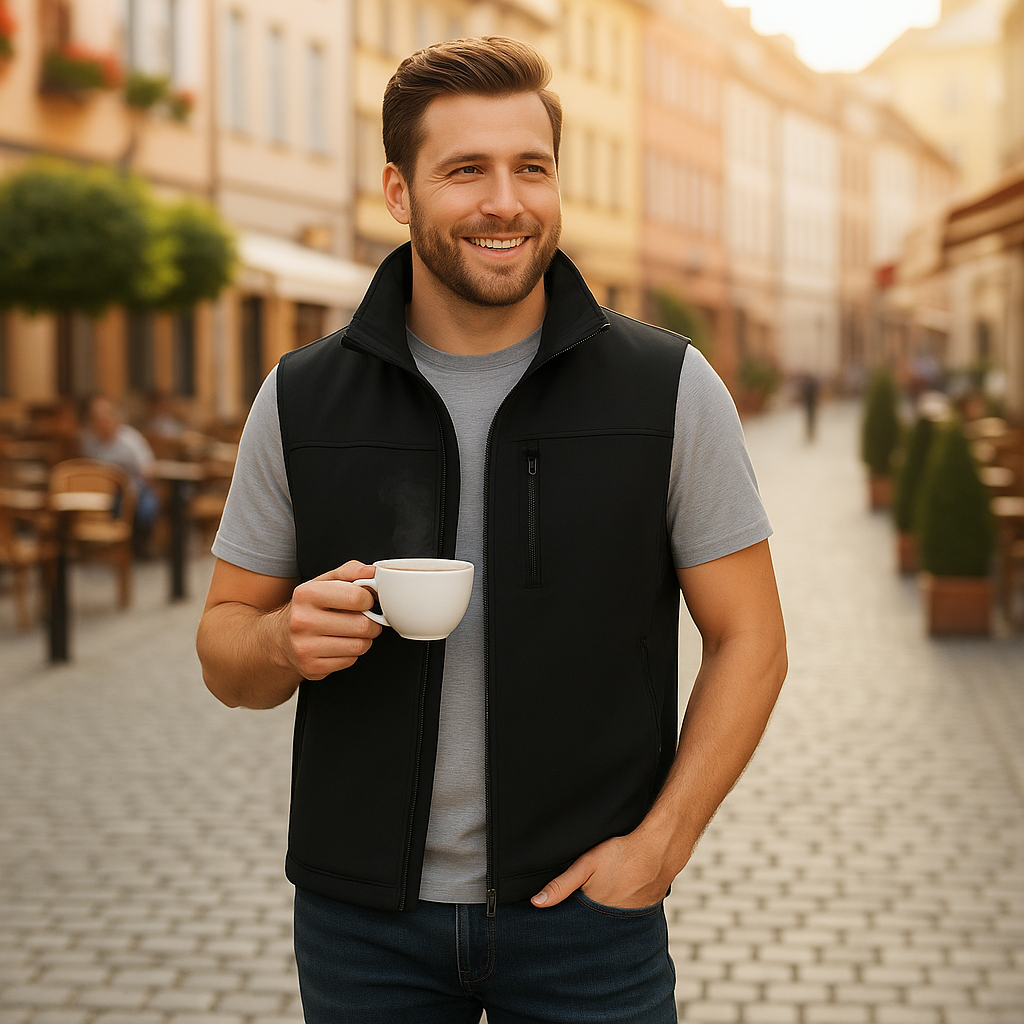 Man in black vest with coffee on European street