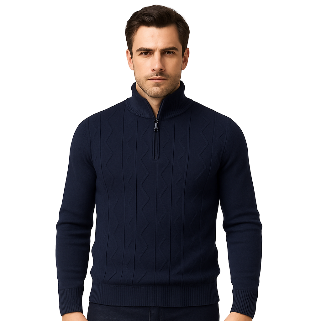 Modelo británico con suéter azul marino