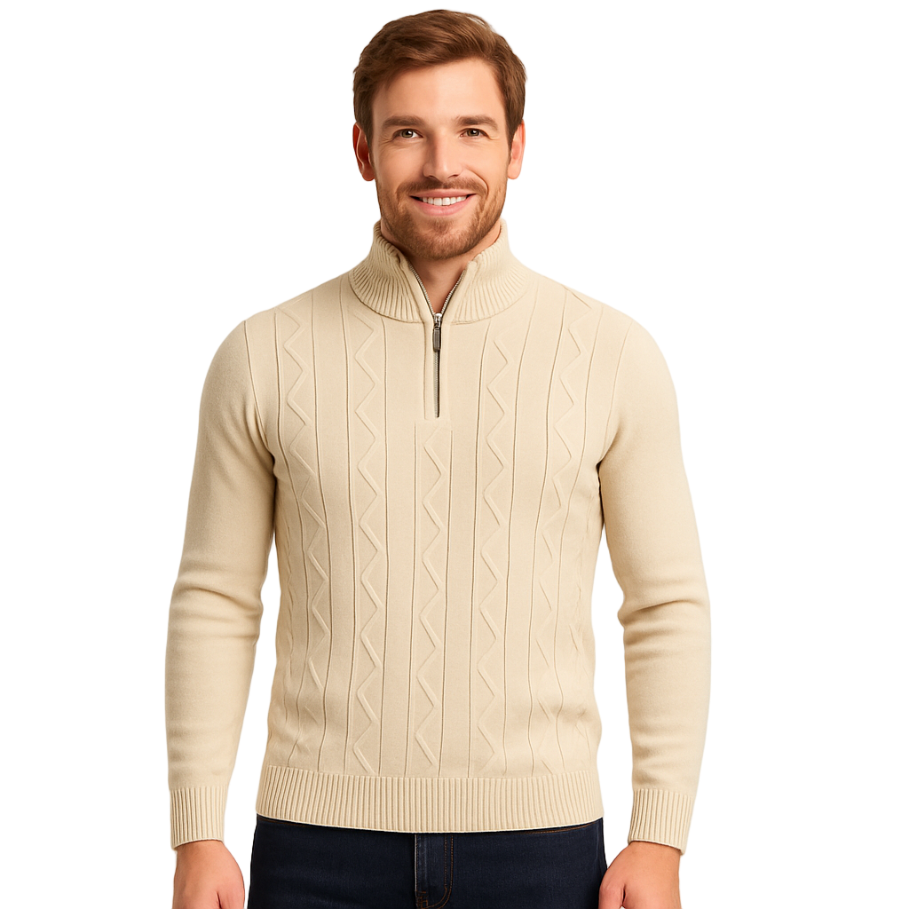 Modelo británico con suéter beige