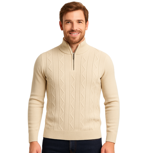 Modelo británico con suéter beige