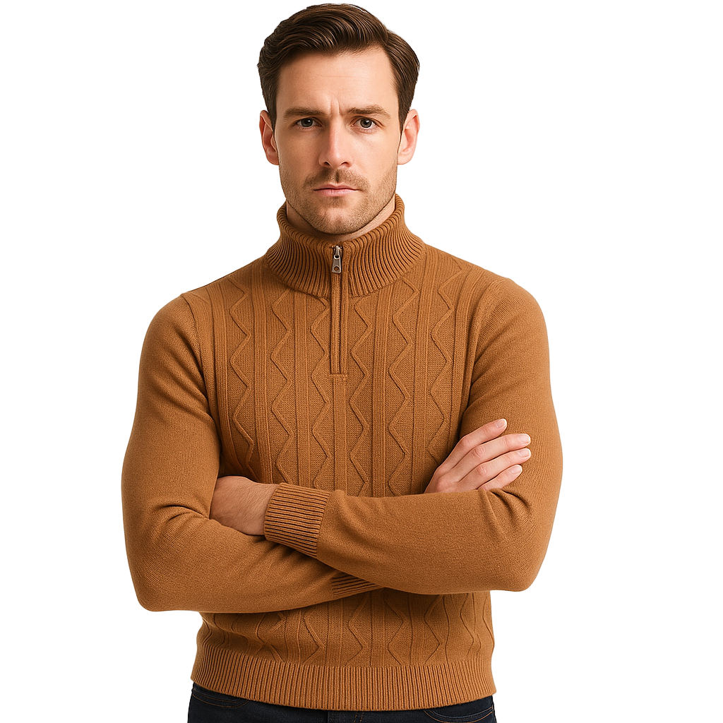 Modelo británico con suéter camel