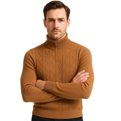 Modelo británico con suéter camel