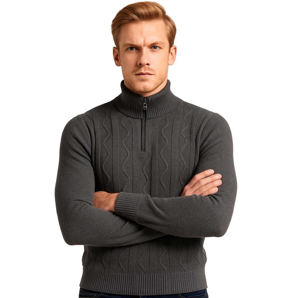 Modelo británico con suéter gris carbón