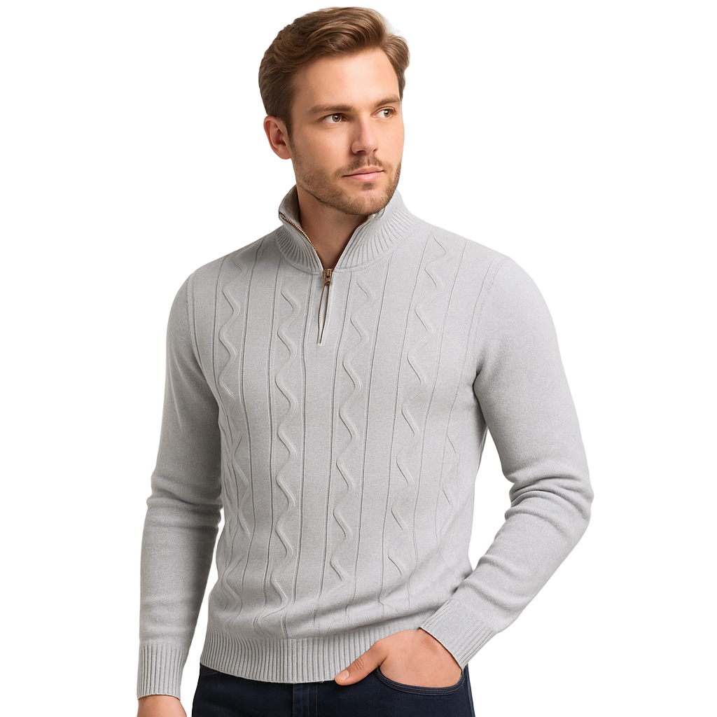 Modelo británico con suéter gris