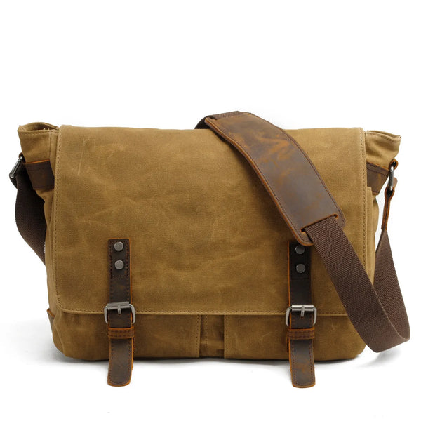Vintage Canvas Messenger Bag - Waterproof Camera Bag with Genuine Leather Trim